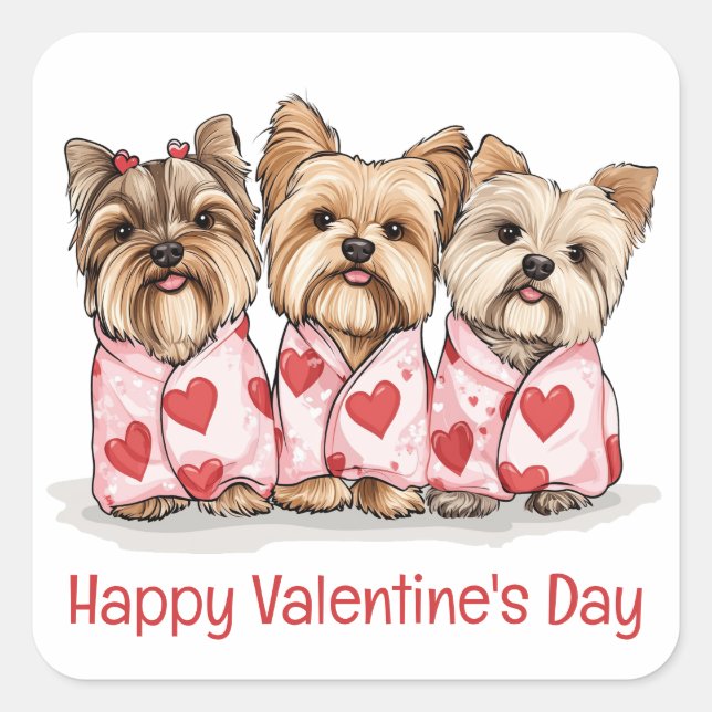 Happy Valentines Day Yorkshire Terrier Dogs Quadratischer Aufkleber (Vorderseite)