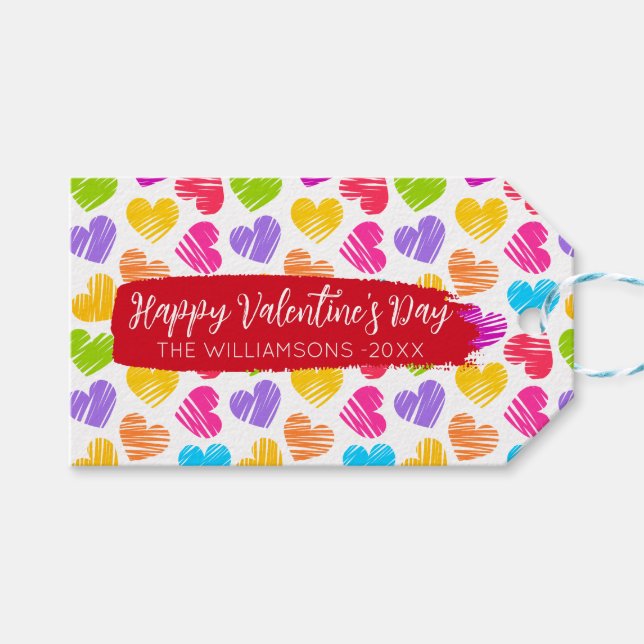 Happy Valentines Girly Vibranly Doodled Herzname Geschenkanhänger (Vorderseite (Horizontal))