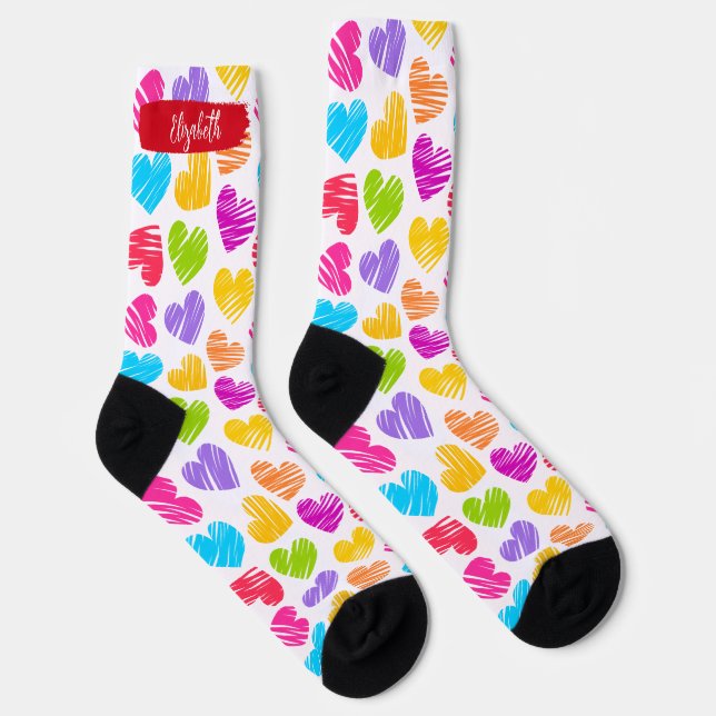 Happy Valentines Girly Vibranly Doodled Herzname Socken (Rechts)