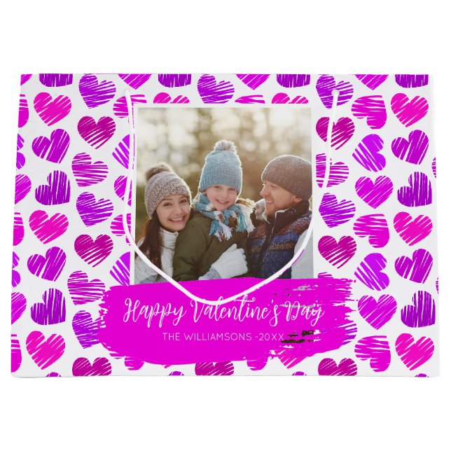 Happy Valentines Modernes Lila Rosa Herz Foto Große Geschenktüte (Vorderseite)