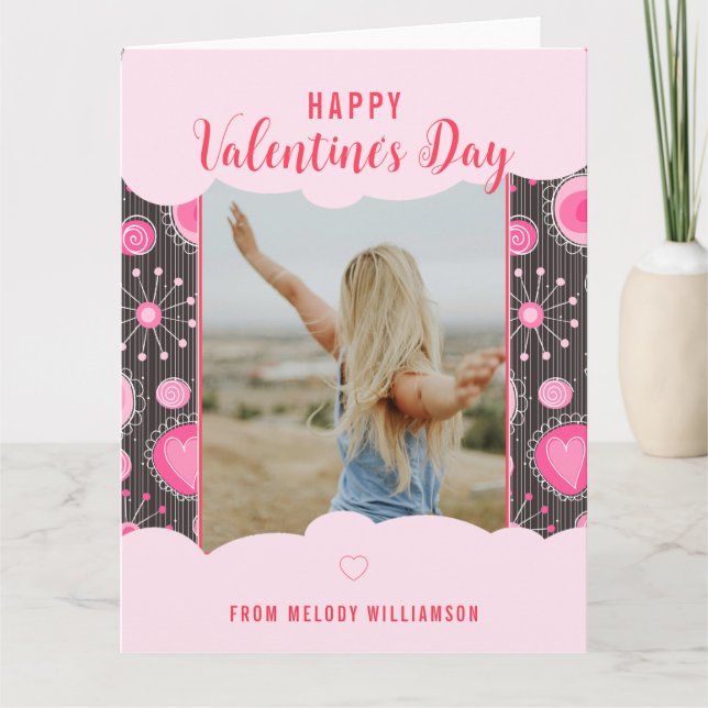 Happy Valentines Whimsical Pink Herzen Blume Name Karte (Vorderseite)