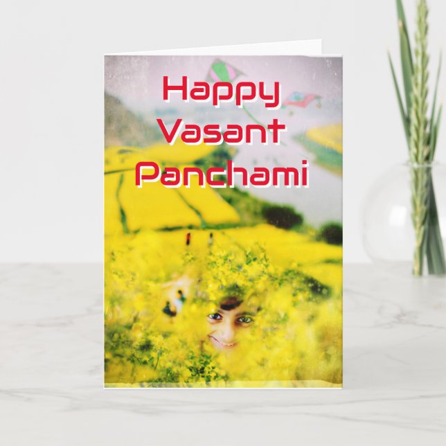 Happy Vasant Panchami mit Senf Blume & Girl Karte (Vorderseite)