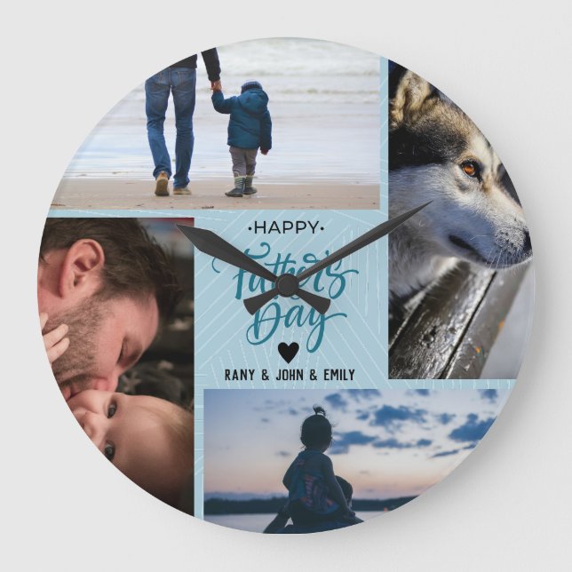 Happy Vatertag Foto Collage Individuelle Namen Große Wanduhr (Vorderseite)