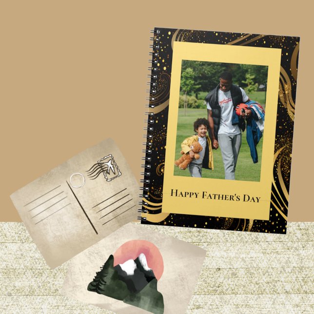 Happy Vatertag Gold Leafy Black Wirbel Foto Notizblock (Happy Father's Day Gold Leafy Black Swirls Photo Notebook)