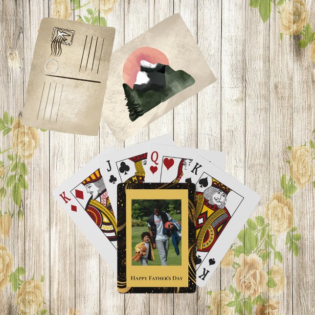 Happy Vatertag Gold Leafy Black Wirbel Foto Spielkarten (Happy Father's Day Gold Leafy Black Swirls Photo Playing Cards)