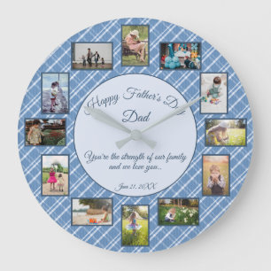 Happy Vathers Day Blue Karierte Familienfoto Vorla Große Wanduhr
