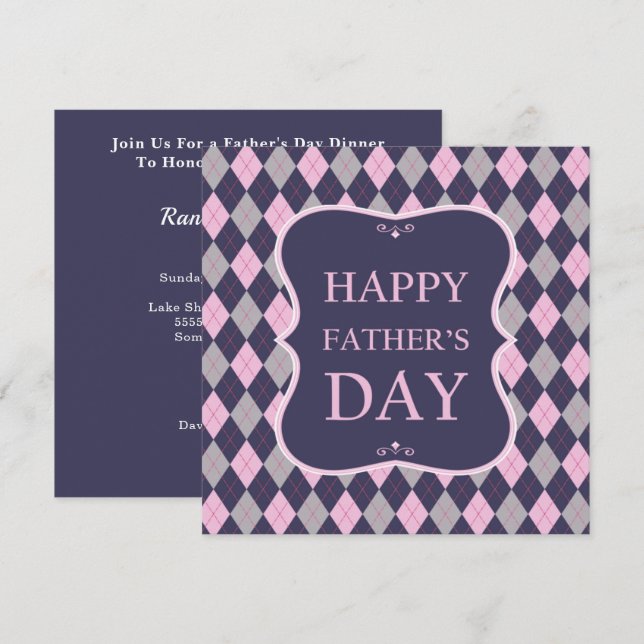 Happy Vathers Day Blue Pink Gray Raute Dinner Einladung (Vorne/Hinten)