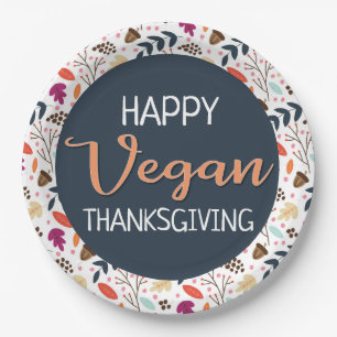 Happy veganer Erntedank blauer orangefarbener Text Pappteller