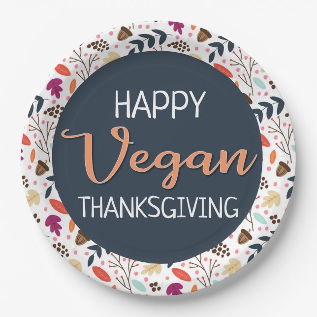 Happy veganer Erntedank blauer orangefarbener Text Pappteller (Vorderseite)