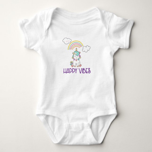 Happy Vibes Typografie Niedlich Lächeln Einhorn Baby Strampler (Vorderseite)