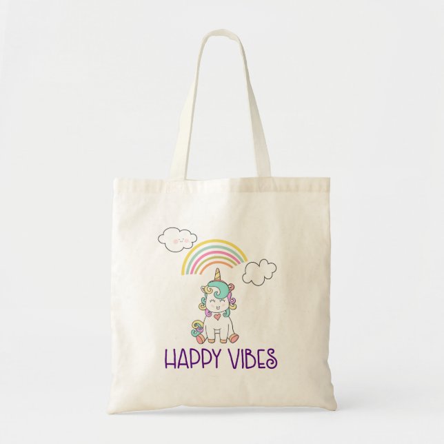 Happy Vibes Typografie Niedlich Lächeln Einhorn Tragetasche (Vorne)