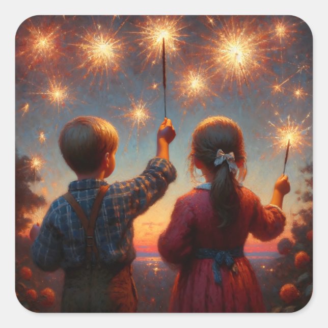 Happy Vurth Children mit Sparklern Personalisiert Quadratischer Aufkleber (Vorderseite)