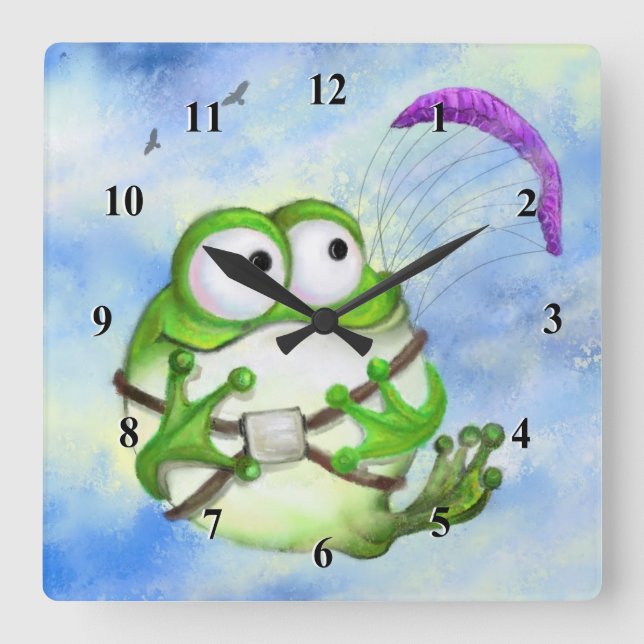 Happy Wall Clock Funny Frog Paraglider Quadratische Wanduhr (Vorderseite)