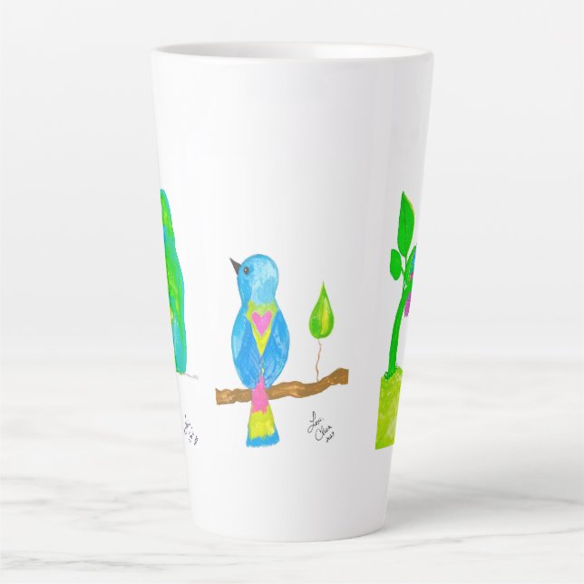 Happy Watercolor Birds Latte Tasse (Vorderseite)