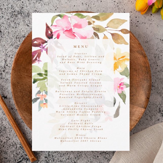 Happy Watercolor Florals Wedding Menükarte (Von Creator hochgeladen)
