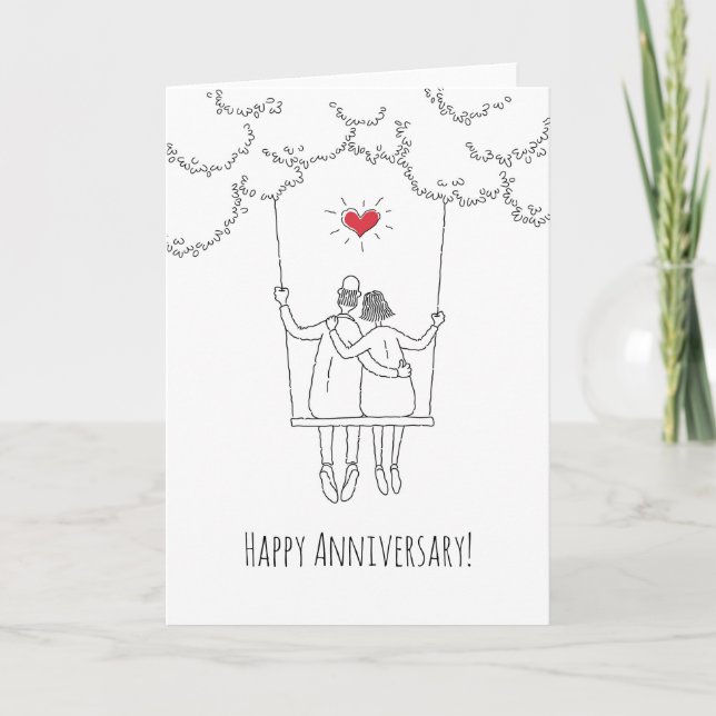 Happy Wedding Anniversary Red Heart Swing Couple Karte (Vorderseite)