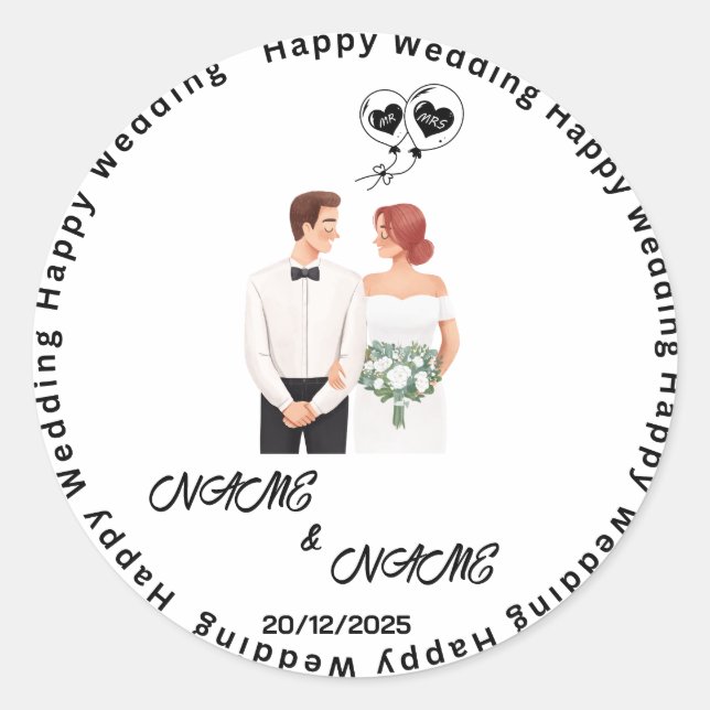 Happy Wedding Individuelle Name Runder Aufkleber (Vorderseite)