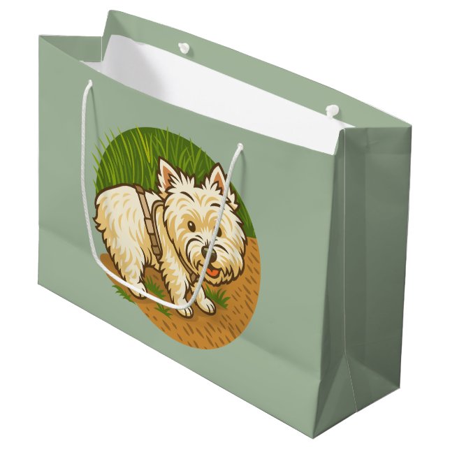 Happy Westie on Nature Trail Große Geschenktüte (Vorderseite Schrägansicht)