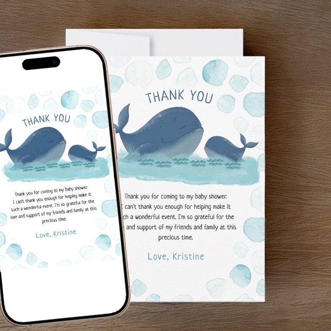 Happy Whale Watercolor Babydusche Danke Karte (Whale Baby Shower Thank You card - order printed and/or as a digital download)
