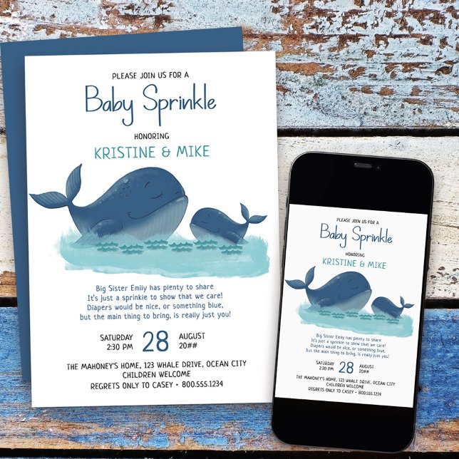 Happy Whale Watercolor Boy Baby Sprinkle Einladung (Baby Sprinkle Invitation from my Happy Whale collection. Message if you need different items
)