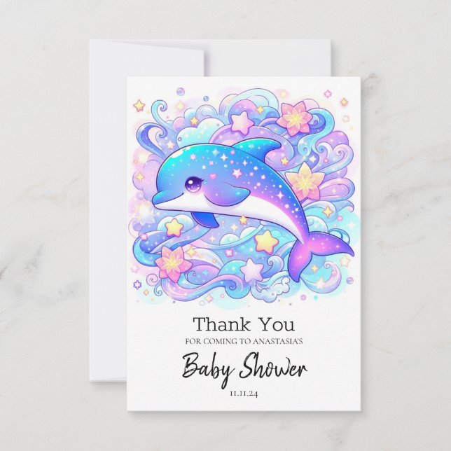 Happy Whimsical Dolphin Baby Shower Dankeskarte (Vorderseite)