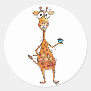 Happy Whimsical Giraffe Drink Kaffee Runder Aufkleber