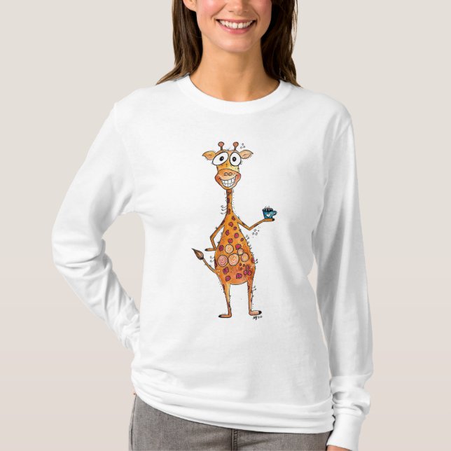 Happy Whimsical Giraffe Drink Kaffee T-Shirt (Vorderseite)