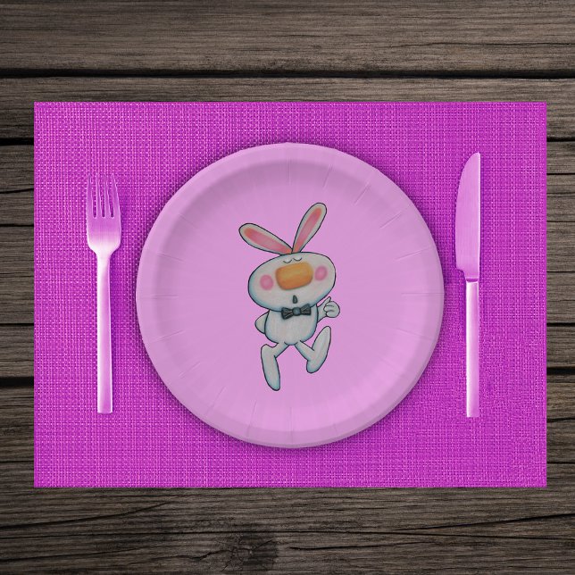 Happy White Bunny Thumbs Up Sign Bow Krawatte Pink Pappteller (Happy white bunny thumbs up sign orange nose pink cheeks and ears on pin paper party plates.)