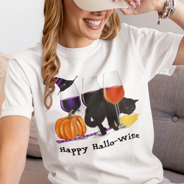 Happy Wine Hexe Halloween Black Cat Broom T-Shirt (Von Creator hochgeladen)