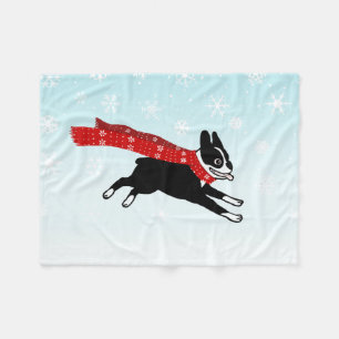 Happy Winter Fun Boston Terrier mit Red Scarf Fleecedecke