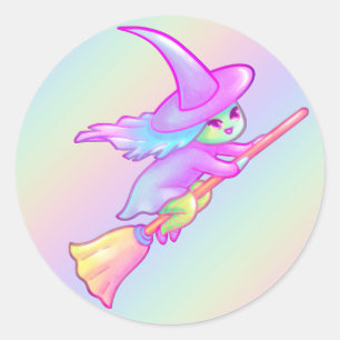 Happy Witz auf Broomstick Gezeichnet Runder Aufkleber