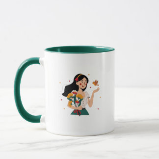 Happy Woman with Bird and Blume Tasse