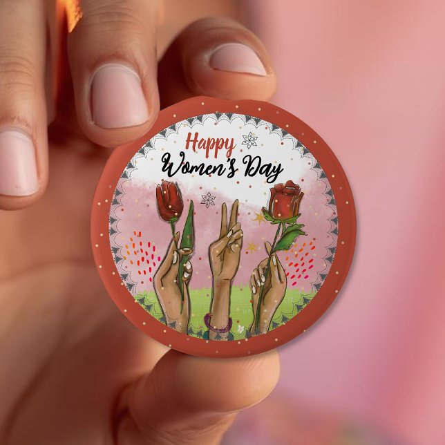 Happy Women's Day Red Button Hands Holding Tulips (Happy Women's Day Red Button Hands Holding Tulips)