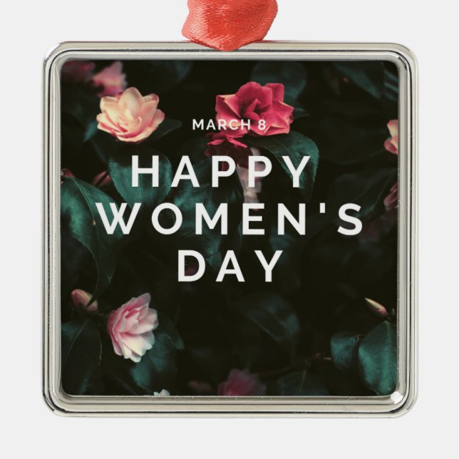 Happy Women's Day Text über Blumen Ornament Aus Metall (Vorne)