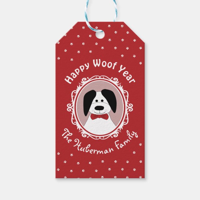 "Happy Woof Year" Niedlicher Hund Weihnachten Geschenkanhänger (Vorderseite)