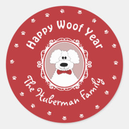 "Happy Woof Year" Poodle Weihnachtsklecker Runder Aufkleber