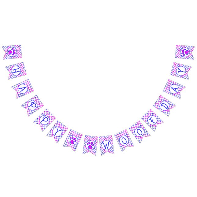 Happy Woofday Blue Pink Paw Silhouette mit 4 Bilde Wimpelkette (Alle)