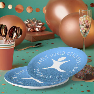 Happy World Children's Day Blue Glitzer Pappteller