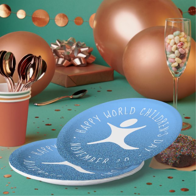 Happy World Children's Day Blue Glitzer Pappteller (Multi)