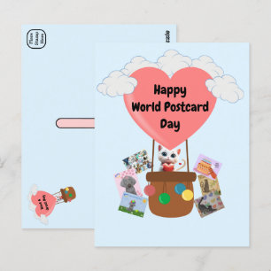 Happy World Postcard Day Cat in Balloon Postcard Postkarte