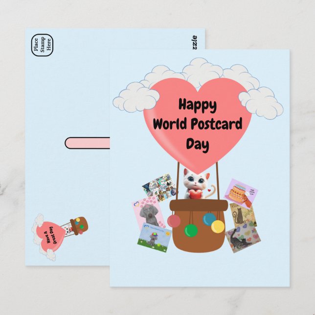 Happy World Postcard Day Cat in Balloon Postcard Postkarte (Vorne/Hinten)