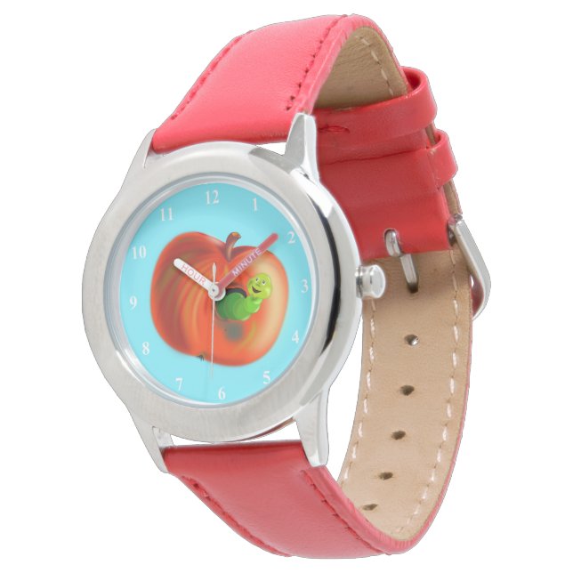 Happy Worm in Red Apple Armbanduhr (Schrägansicht)