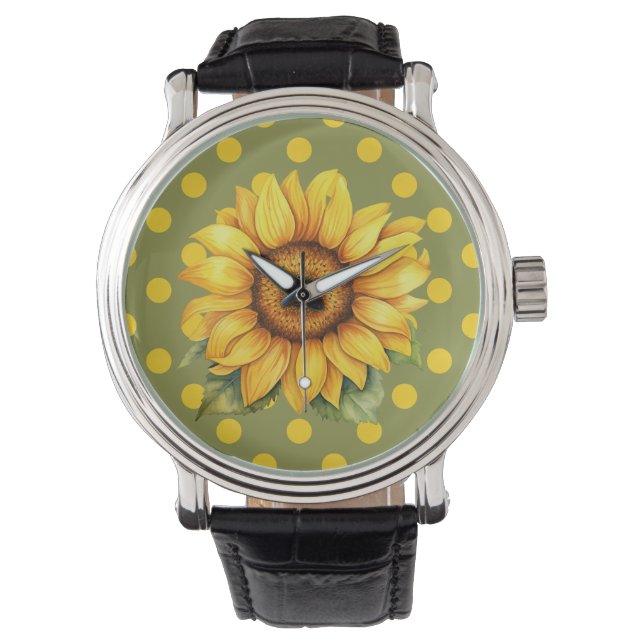 Happy Yellow and Green Sunflower on Polka-Dot Armbanduhr (Vorderseite)