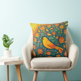 Happy Yellow Bird Whimsical Künstlerisch Folk Wirb Kissen