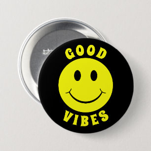 Happy Yellow Face Good Vibes Black Button