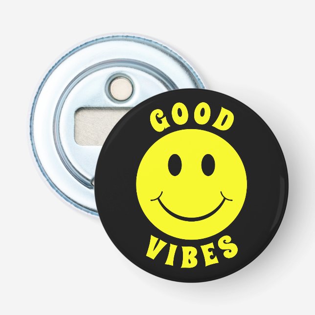 Happy Yellow Face Good Vibes Black Flaschenöffner (Vorderseite)