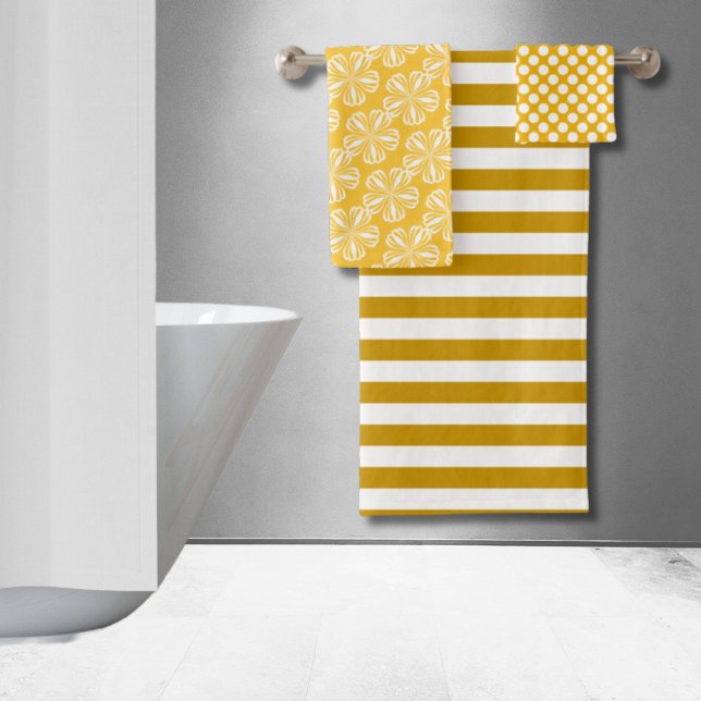 Happy Yellow Stripes Floral Polka Dot Badhandtuch Set (Happy Yellow Stripes Floral Polka Dot Bath Towel Set)