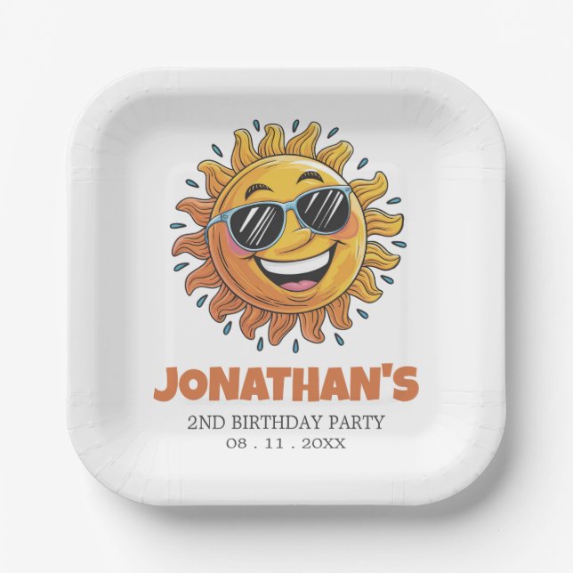 Happy Yellow Sun with Sunglasses Birthday Party    Pappteller (Vorderseite)