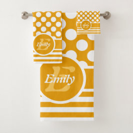 Happy Yellow & White Named Polka Dot Badhandtuch Set