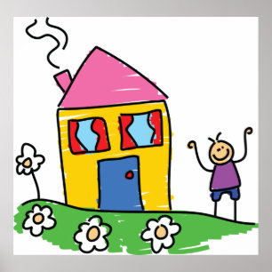 Happy Zuhause Colorful House und Strichmännchen Poster